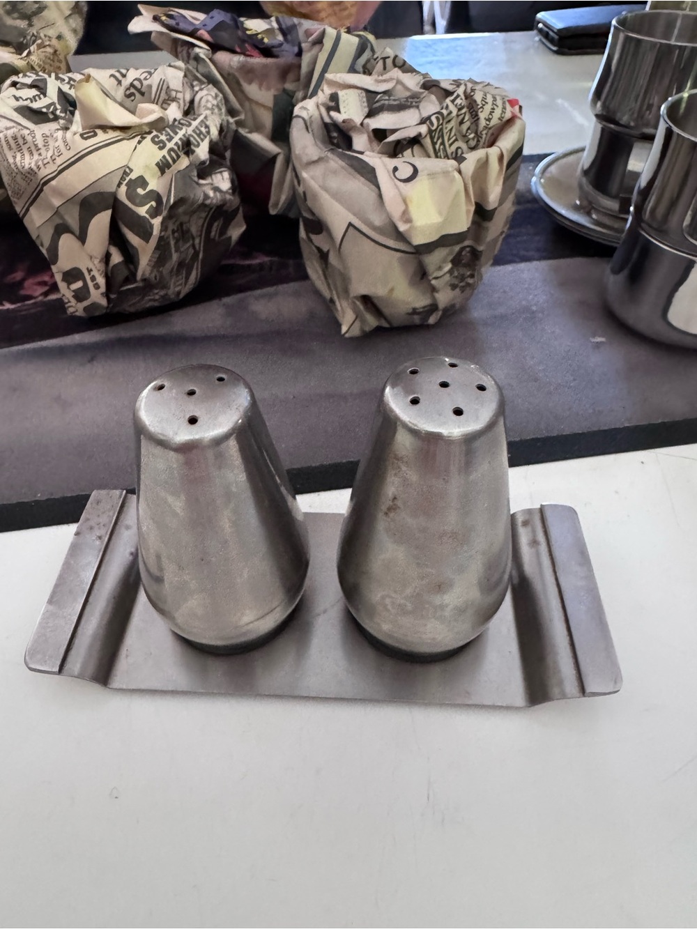 Stainless Steel Salt & Pepper Shaker Set with Tray - Silver